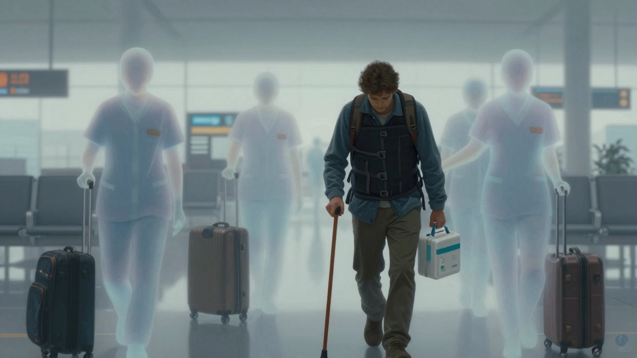 A traveler in an airport supported by invisible figures of support workers, conveying quiet assistance.