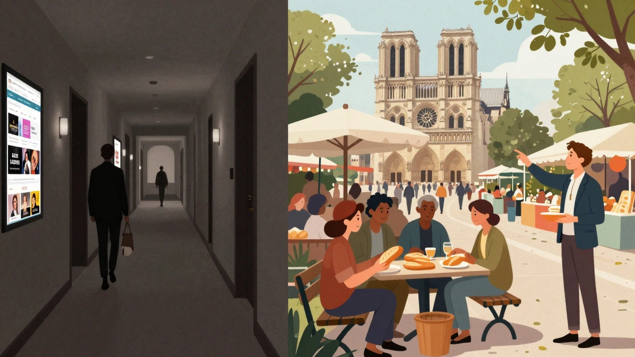 Contrasting Paris scenes: illegal escort ads vs. authentic cultural encounters.