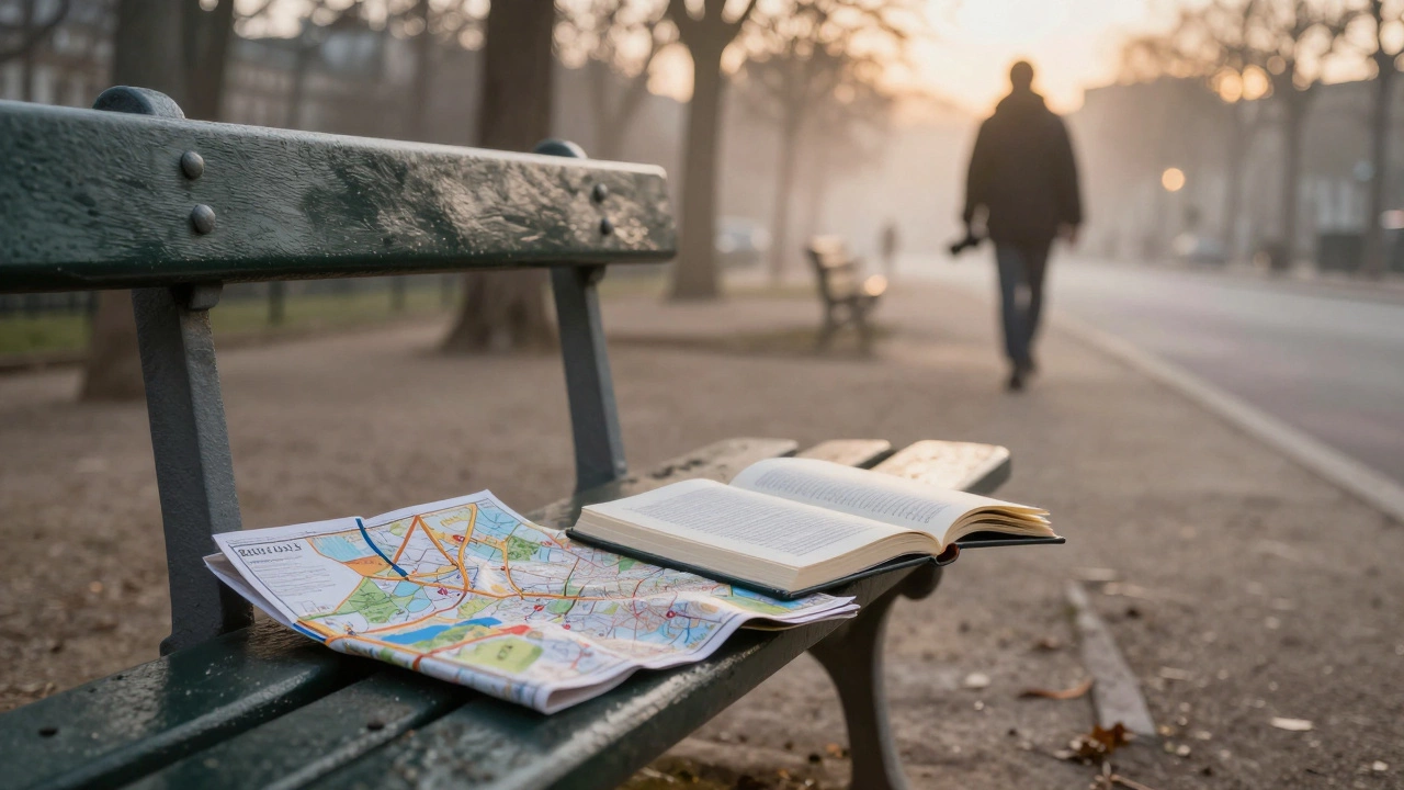 Empty park bench in Paris at dusk, symbolizing choice for real connection.