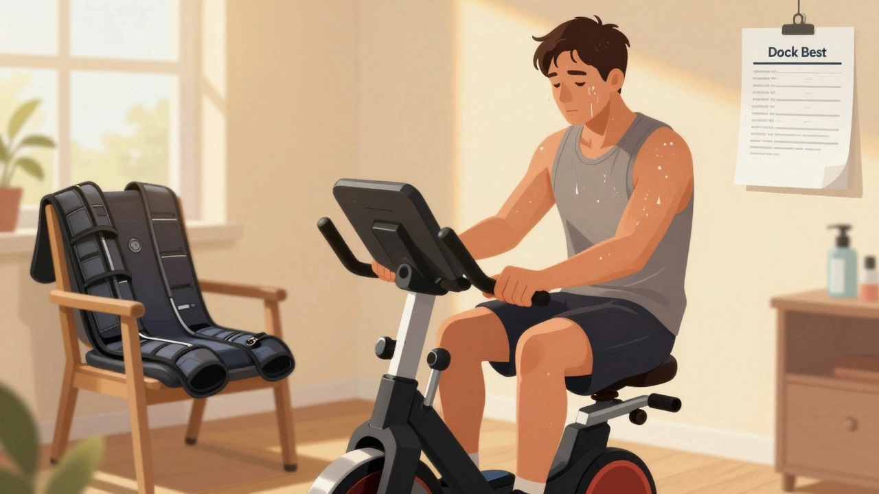 Someone using a recumbent bike at home, surrounded by compression gear and medical notes.